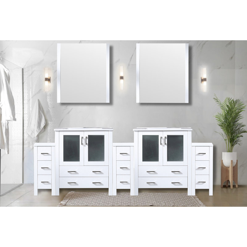 96 In. White Bath Vanity - Side Cabinets, Scratch Proof & Practical Double White, Solid Wood Long Lasting