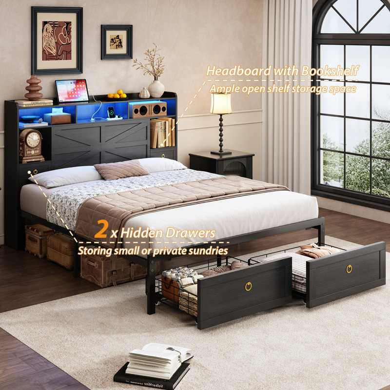 Full Size Farmhouse Industrial Storage Bed with 2 Footboard Drawers and Storage Headboard, USB&AC Charging Station, APP & Remote RGB Lights, Noise-Free, No Box Spring Needed
