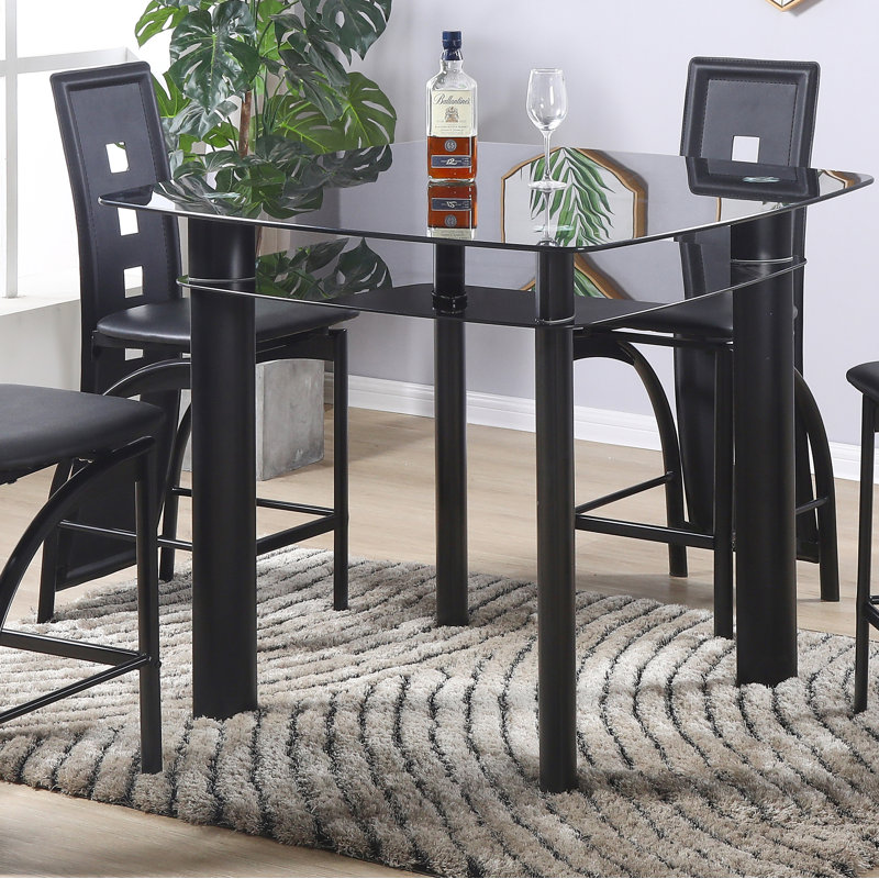 Pendarvis Glass Top Metal Base Dining Table, Clear/Black Border, Black
