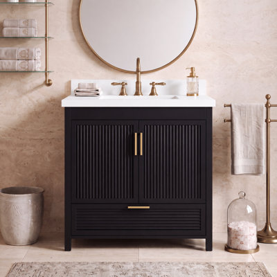 Meuble-lavabo simple 36 po avec plateau en résine, panneaux de bois cannelés et rangement à fermeture en douceur