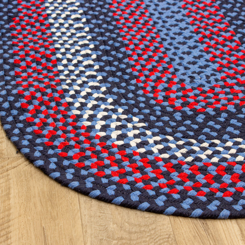 Tapis bleu / rouge en coton tressé Farmhouse, Rond 4 pi