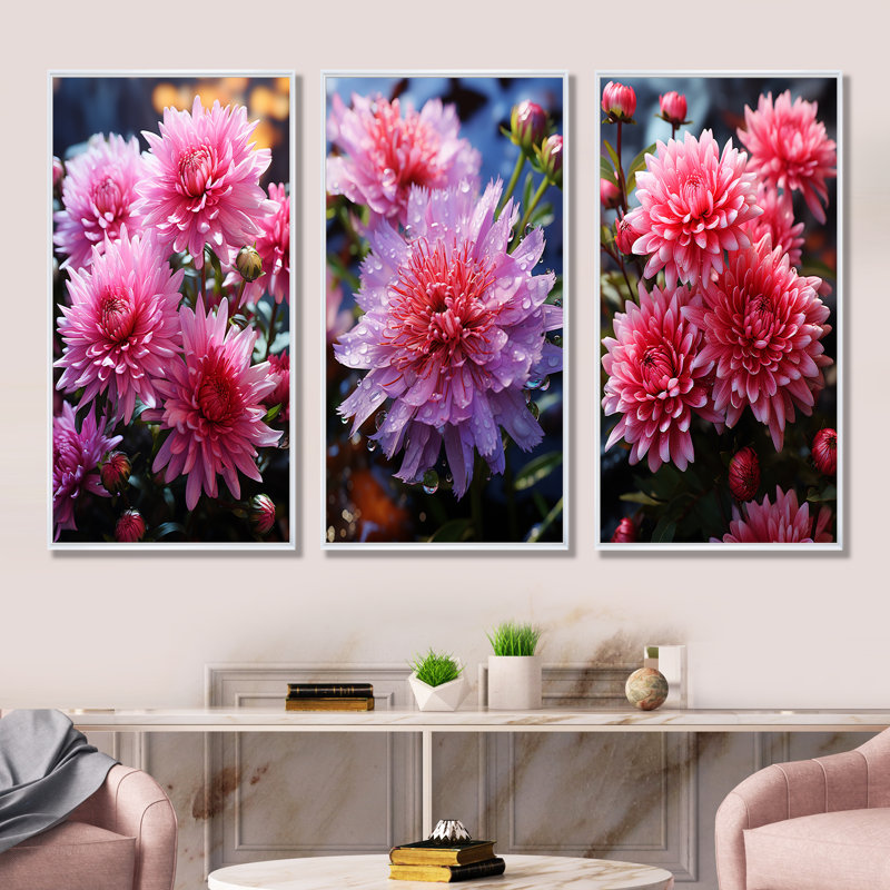 «Pink Mums Elegance In Forest I», ensemble de 3 reproductions d'art mural, Cadre flottant blanc, H 28 po x l 36 po