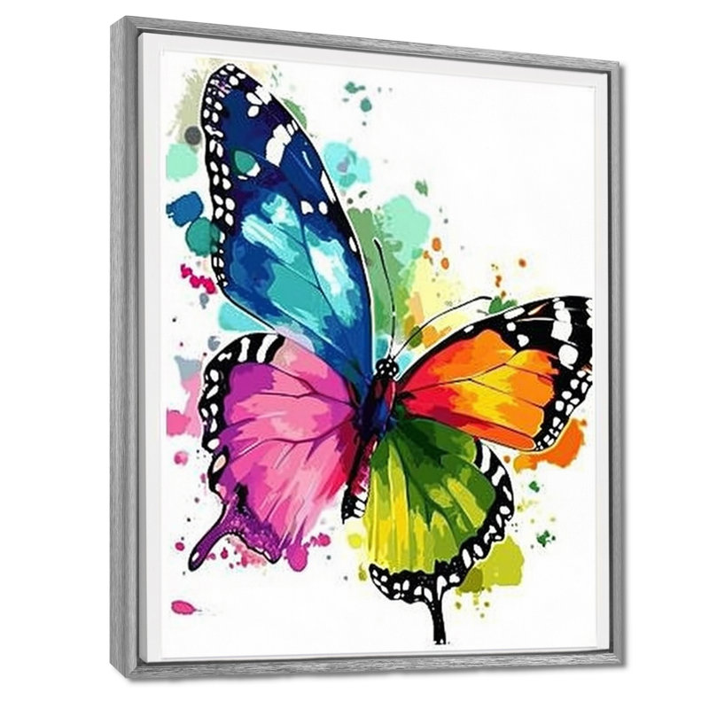 Papillon, arc-en-ciel, bonheur - Art mural papillon, Toile avec cadre argenté, H 32 po x l 16 po x P 1 po