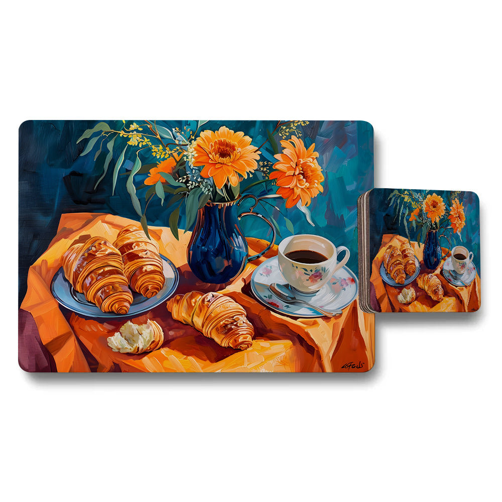 Artistic Breakfast Placemats And Coaster Set With Croissants And Flowers