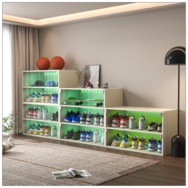 LED Light Shoe Box Three Layers With Glass Doors, Off White