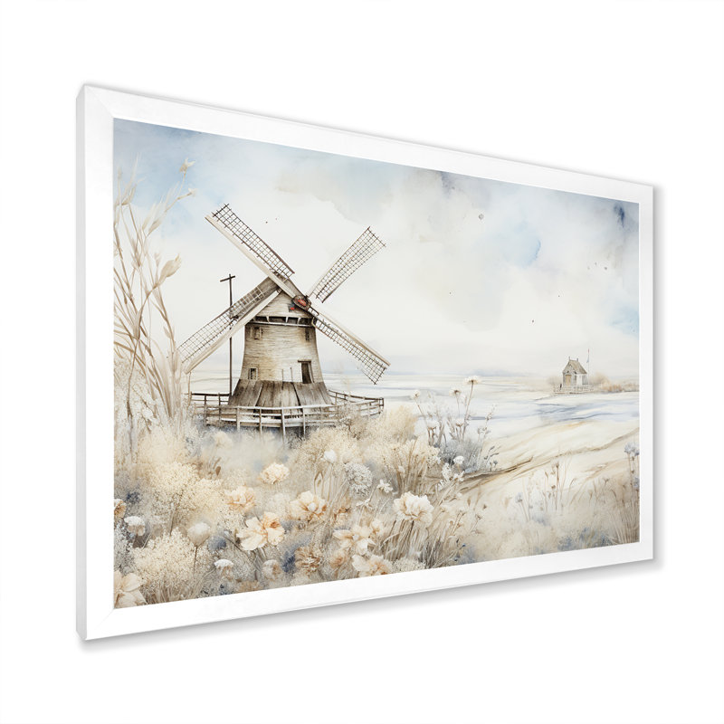 Nostalgic Windmill In Winter - Wind Turbines, art mural, H 24 po x l 32 po x P 1 po, Cadre de coin blanc fermé