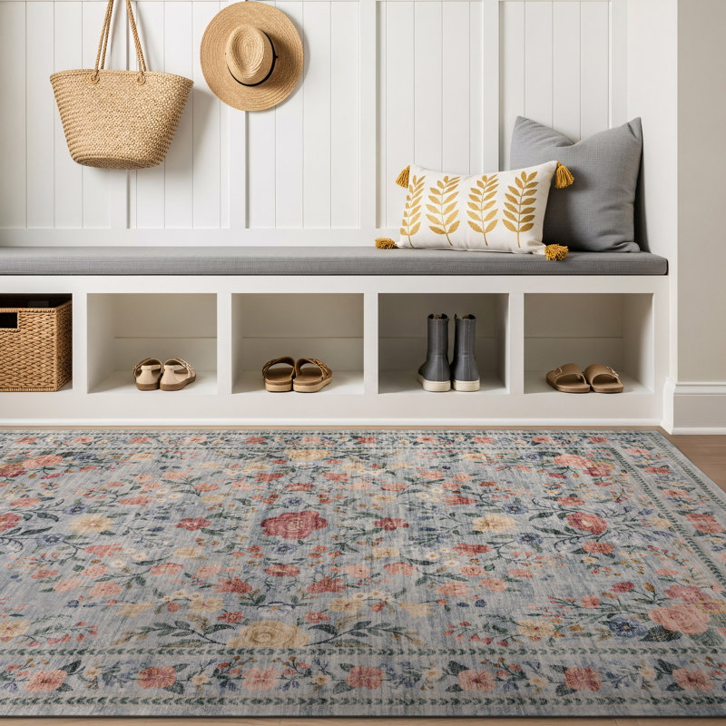 Tapis bleu marine antidérapant Floral Garden, 3 pi x 5 pi