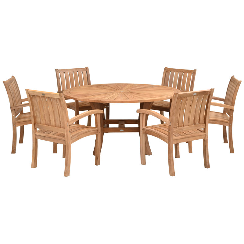 Teak Wood Dining Set Including Round Sun Table With Abacho Arm Chairs, 6