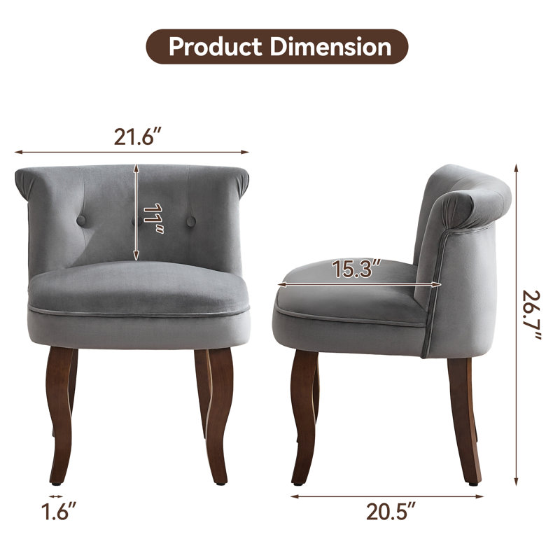 Fauteuil de coiffeuse capitonné en velours avec pieds en bois massif, Gris