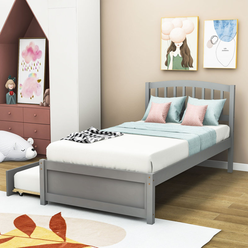 Lit plateforme simple en bois avec lit gigogne, gris