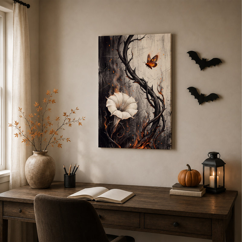 Toile murale d'Halloween avec fleurs blanches et vignes épineuses et lueur orange, H 24 po x l 18 po
