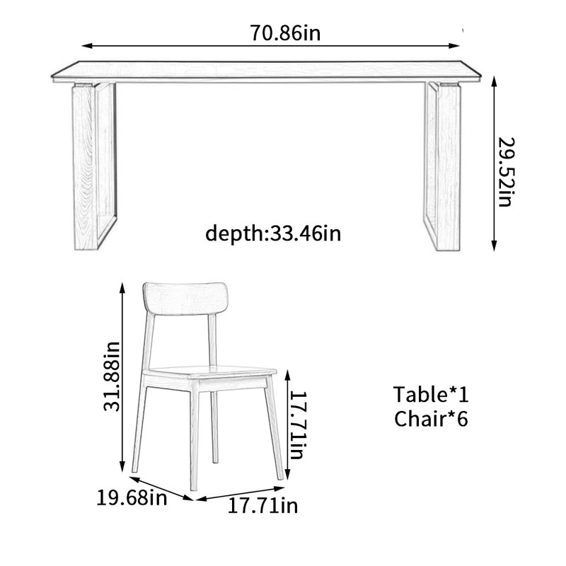 Rock Slab Cherry Wood Rectangular Dining Table Set, Black, 29.52"H x 70.86"L x 33.46"W