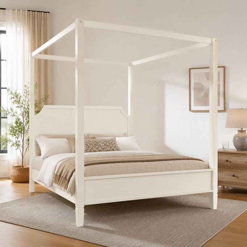 Lit plateforme à baldaquin en bois avec tête de lit et pieds de support, Grand lit, Blanc crémeux