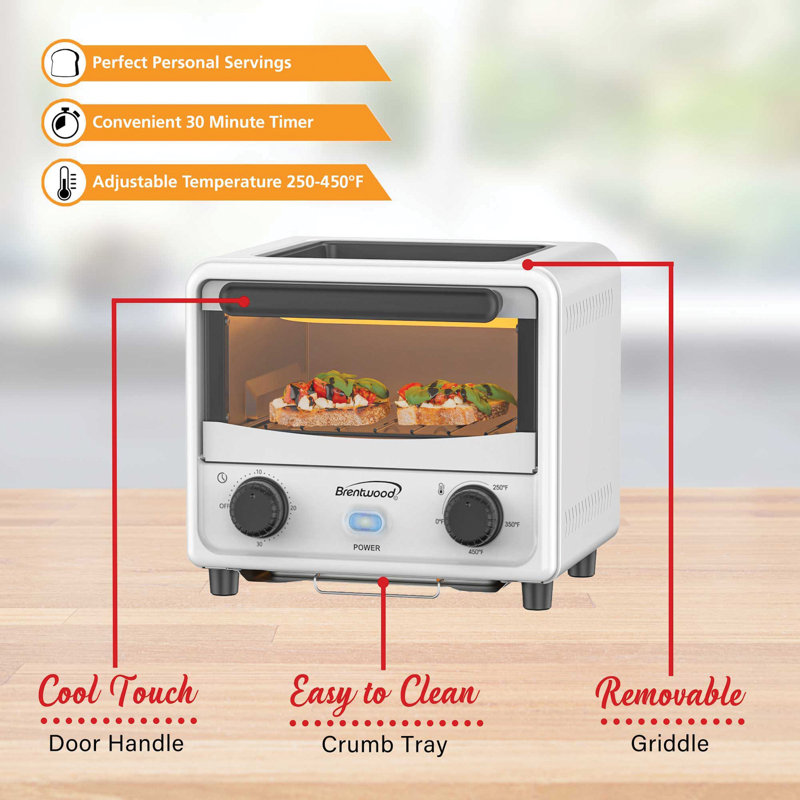 Mini Toaster Oven with Removable Non-Stick Griddle, White