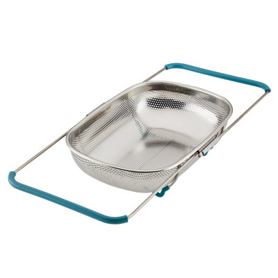 Rachael Ray Tools And Gadgets Over-The-Sink Stainless Steel Colander, 4.5 Quart, Agave Blue Handles
