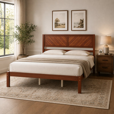 Base de lit plateforme en bois massif noyer de très grande taille, tête de lit à chevrons de style campagnard, rangement sous le lit, boîte à ressorts non requise