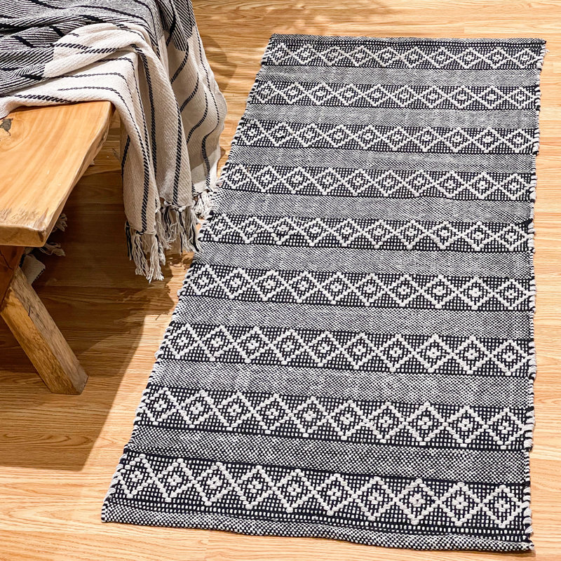 Steverson Cotton Bath Rug, Single - 60" L x 24" W, Black/Ivory