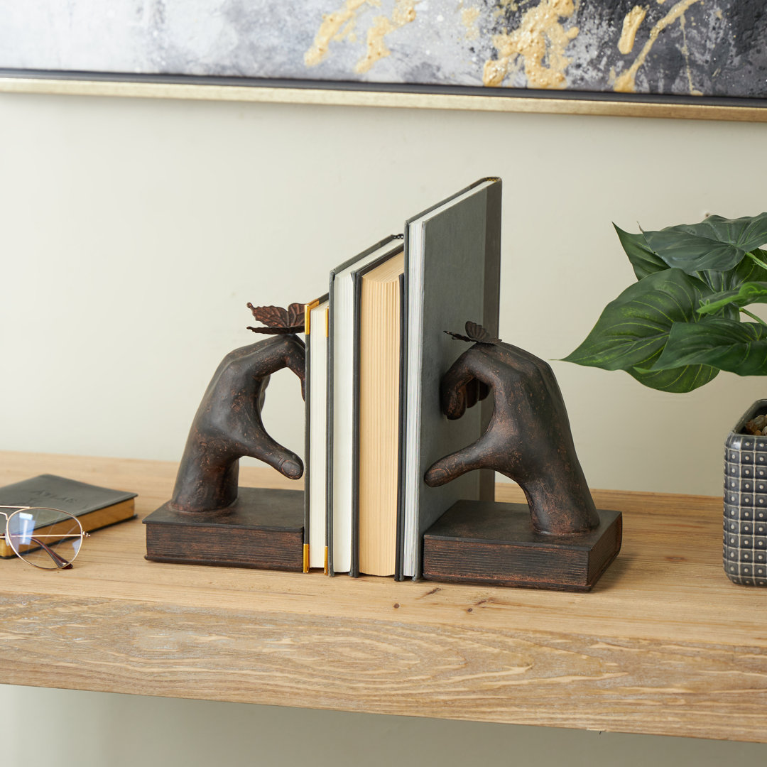 Cole And Grey Resin Heart Inspired Hands Decorative Bookends With Butterfly And Copper Accents (Set of 2) Lark Manor™