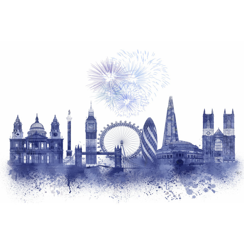 London Skyline Watercolour Splash Blue by Fab Funky - Wrapped Canvas Art Prints, 30cm H x 46cm W