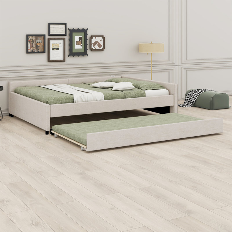 Upholstered Platform Bed With USB And Trundle Bed, Queen