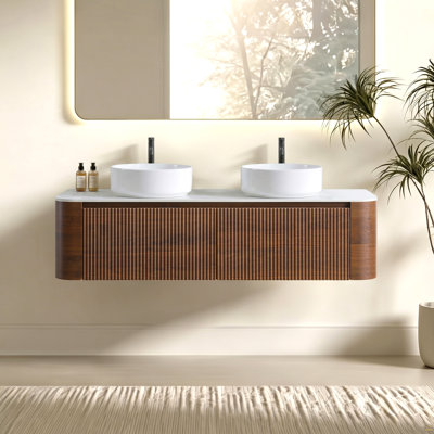 60 inch Bathroom Vanity with Sink, Walnut Wall Cabinet with Free Towel Rack, Double White Ceramic Basins Design, without Drain and Faucet, Pre-assembled