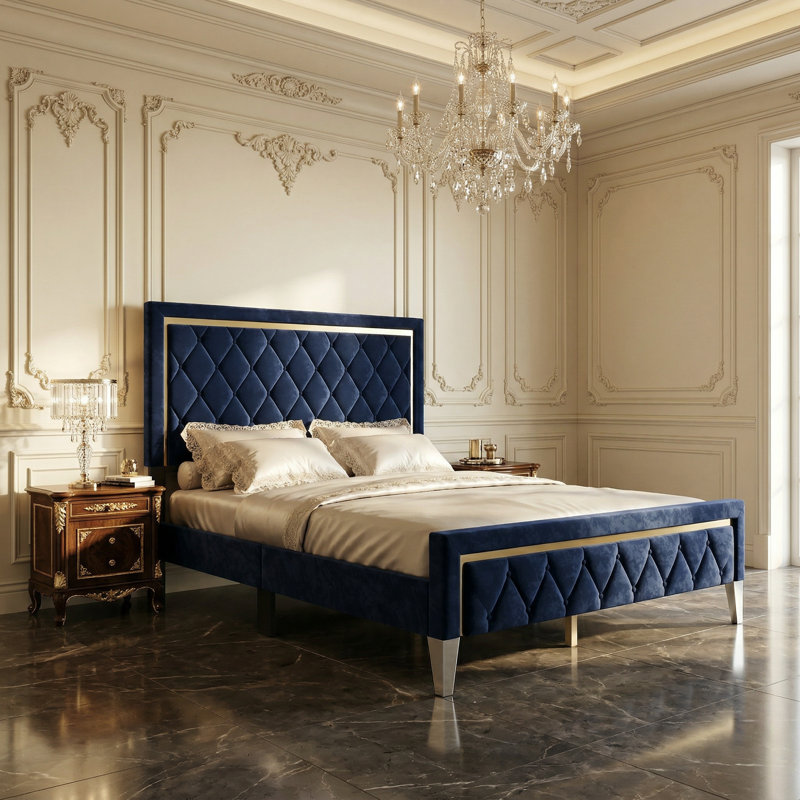 Queen Size Blue Upholstered Platform Bed Frame With Diamond Tufted Headboard And Metal Accents