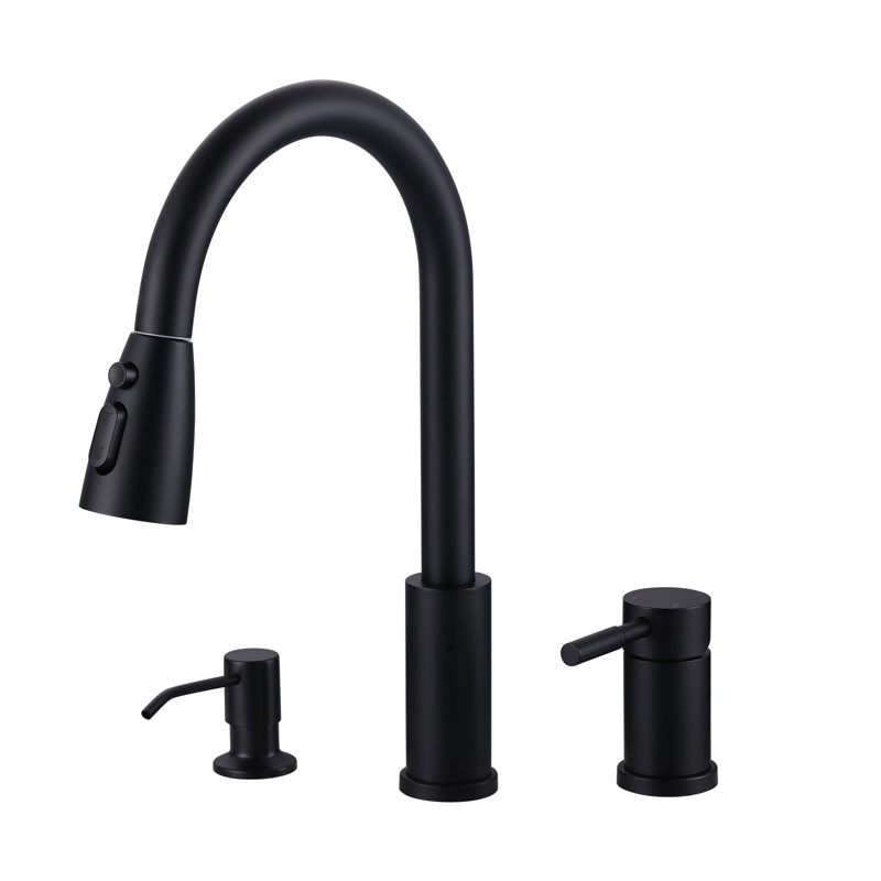 3-Hole Pull Down Kitchen Faucet With Soap Dispenser And Unique Individual Handle, Matte Black