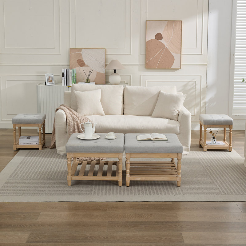  Ensemble de table basse et table de bout en lin 4 pièces avec rangement Gladis, Plateau gris / base brun clair