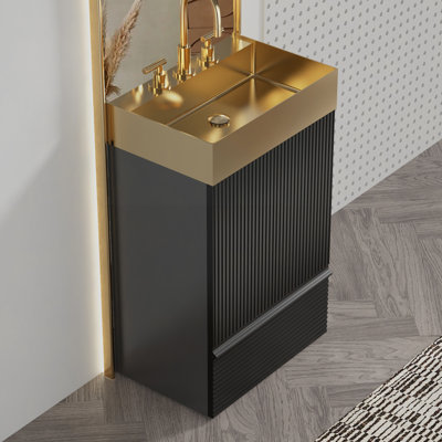 Meuble-lavabo rayé mat avec lavabo intégré en acier inoxydable brossé, armoire de salle de bain autoportante pour salle de bain moderne, lavabo en métal une pièce sans robinet