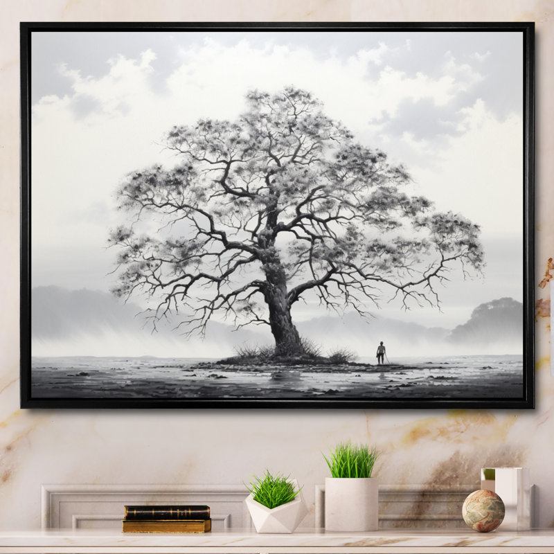 «White Grey Tree Mystique Landscape», impressions murales florales, Cadre flottant noir, H 30 po x l 40 po x P 1,5 po