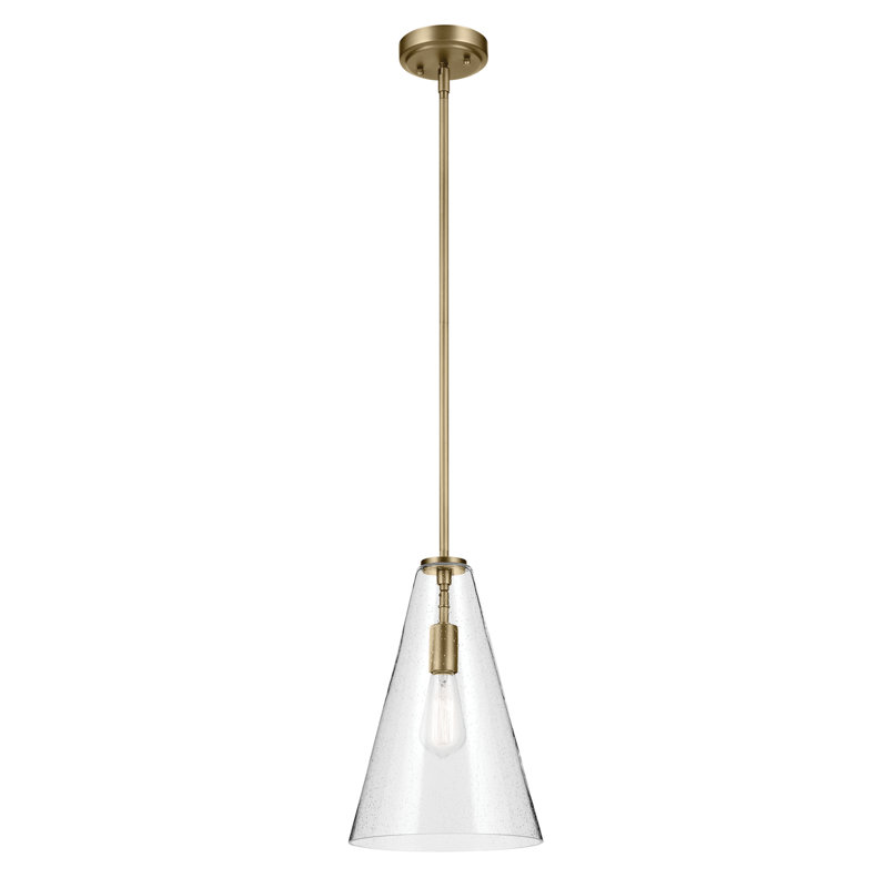 15.25" 1-Light Cone Pendant with Clear Seeded Glass, Natural Brass