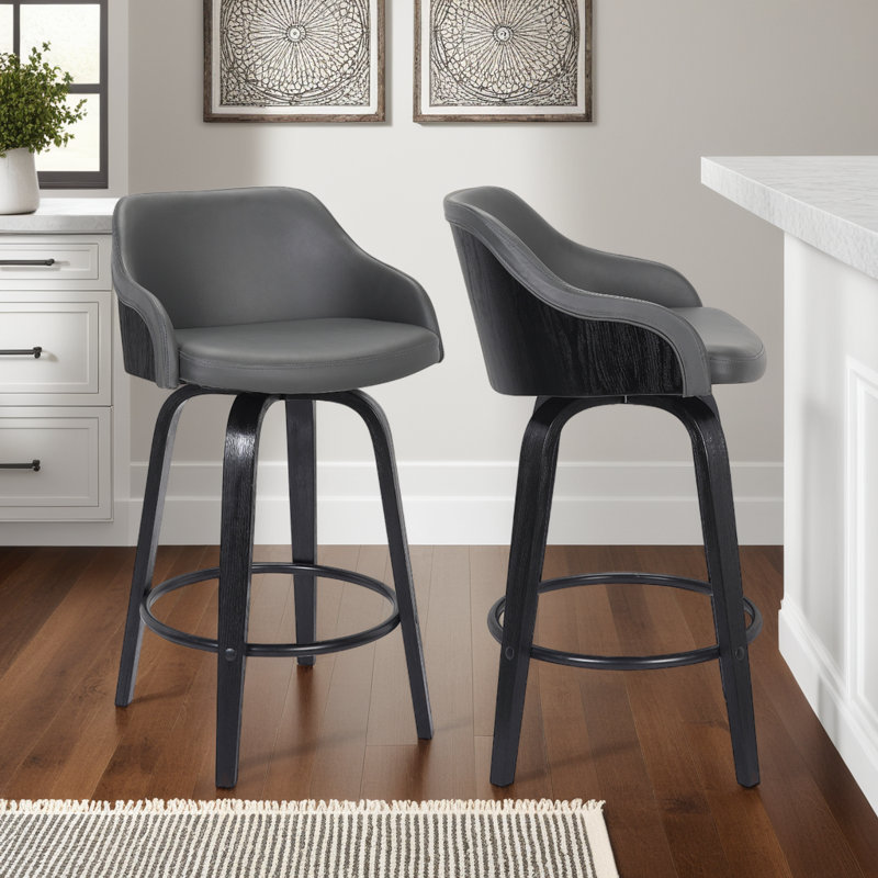 Aiken Swivel Counter or Bar Height Bar Stool with Arms in Faux Leather, Plywood and Metal Footrest, Grey Faux Leather, Black