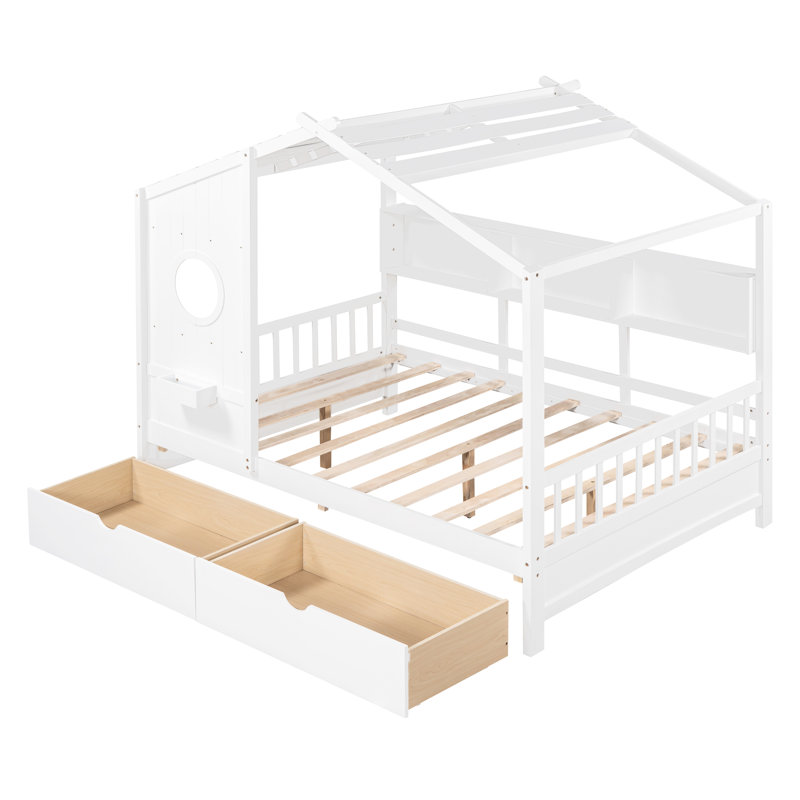 Lit blanc en bois pleine grandeur avec 2 tiroirs de rangement et une tablette arrière, un espace de divertissement créatif