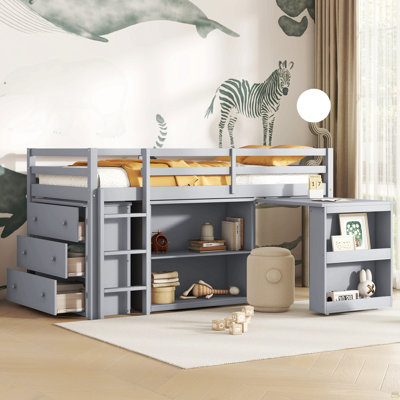Twin Loft Bed With ,Drawer Cabinet, Shelf Cabinet And Pulling -Out Desk,Rubber Wood Loft Bed With Safety Guardrail ,Ladder