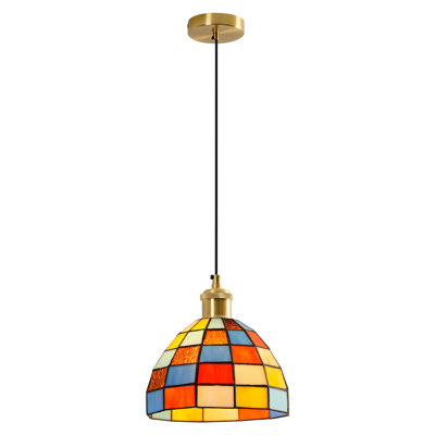 Style Stained Glass Pendant Light, 7.48 Inch Mosaic Colorful Glass Hanging Ceiling Lamp, Adjustable Cord Pendant Light for Kitchen Island, Dining Room, Foyer