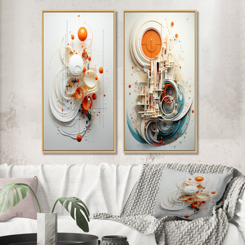 «Orange and White Spiraling Symmetry I», ensemble de 2 reproductions d'art sur toile géométriques abstraites