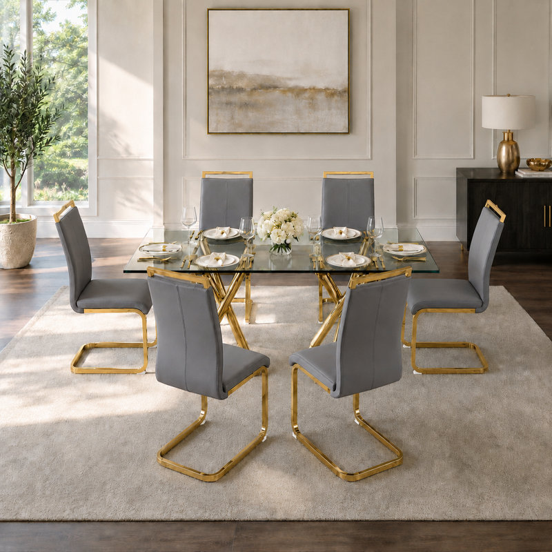 Modern Glam Faux Leather Dining Set with Tempered Glass Table - 5-Piece, 7 Pieces: Table, 6 Chairs, Gray