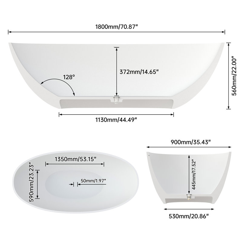 71" Premium Solid Surface Deep Soaking Bathtub