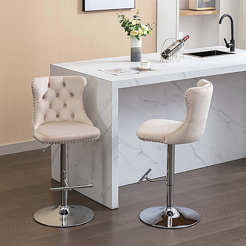 Swivel Velvet Barstools Adjusatble Seat Height From, Chrome Base Bar Stools With Backs Comfortable Tufted For Home Pub And Kitchen Island, Set Of 2