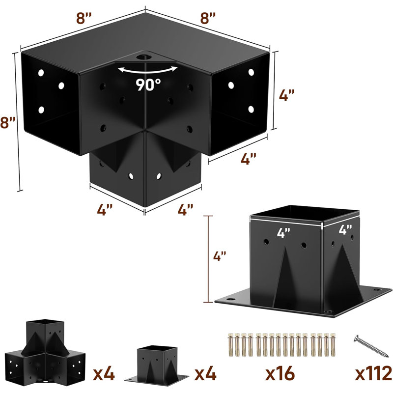 4pcs 3-Way Angle Corner Brackets and 4pcs Base Pergola Kit 4''x4'' (Inner Size 3.6x3.6)