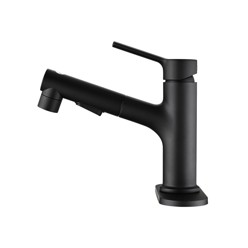 Single Handle Matte Black Bathroom Faucet With Pull-Out Spray Function And Overflow Drain, Trendsetting Style Basin Deck Plate, Black, Sleek Look