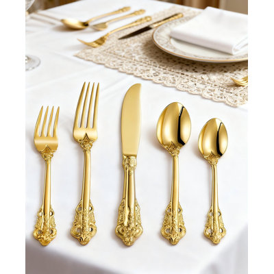 Luxury 45-Piece Gold Flatware Set For 8, 18/10 Stainless Steel Silverware With Antique Baroque Gold-Plated Finish, Heavy Weight Tableware Service