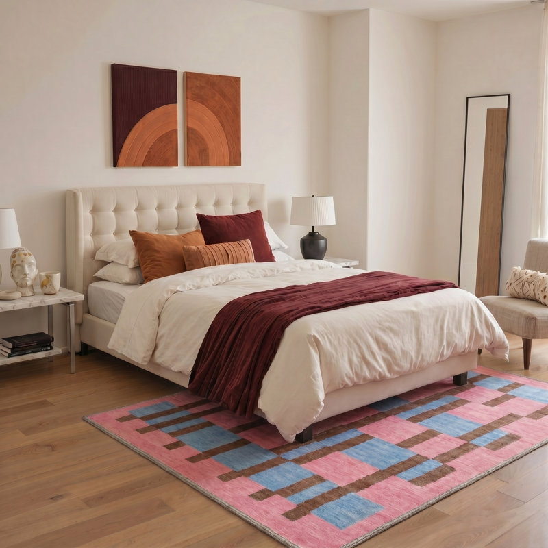 Abrahamson Canvas Geometric Machine Washable Blue / Pink Indoor Area Rug with Non-Slip Backing, Rectangle 5' x 7'