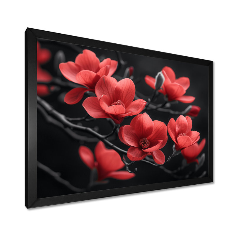 «Magnolias Photo II» - art mural rouge, Black Picture Framed, H 24 po x l 32 po