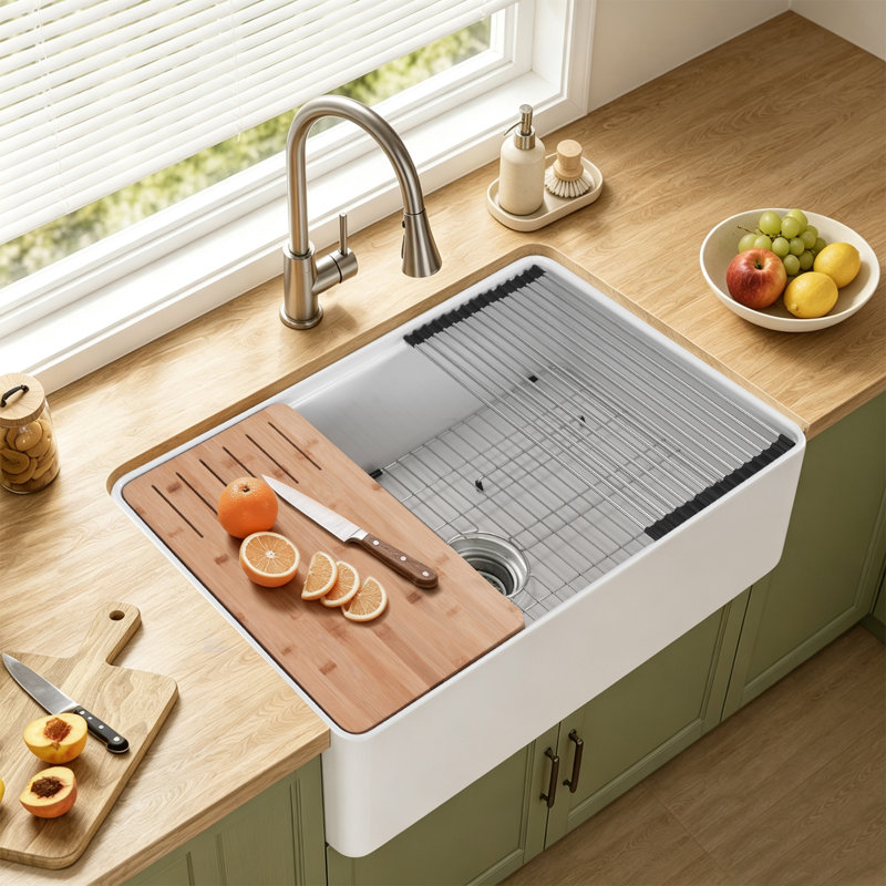 Évier de cuisine 33 po à tablier simple en argile réfractaire simple avec accessoires
