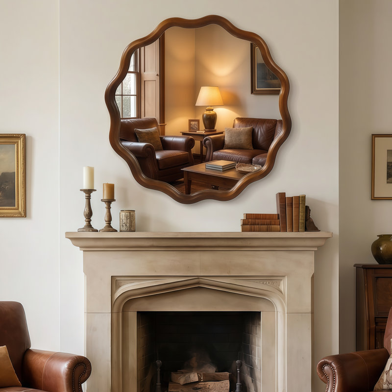 Miroir décoratif rond en bois naturel ondulé de 36 po, Bois naturel, 36 po x 36 po