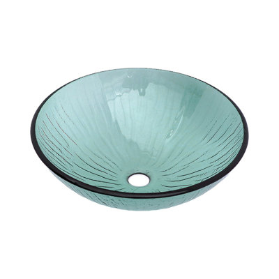 Artistic Vertical-Textured Glass Vessel Bathroom Sink With Pop-Up Drain, Tempered Green Basin With Black Trim Round Bowl (No Faucet)