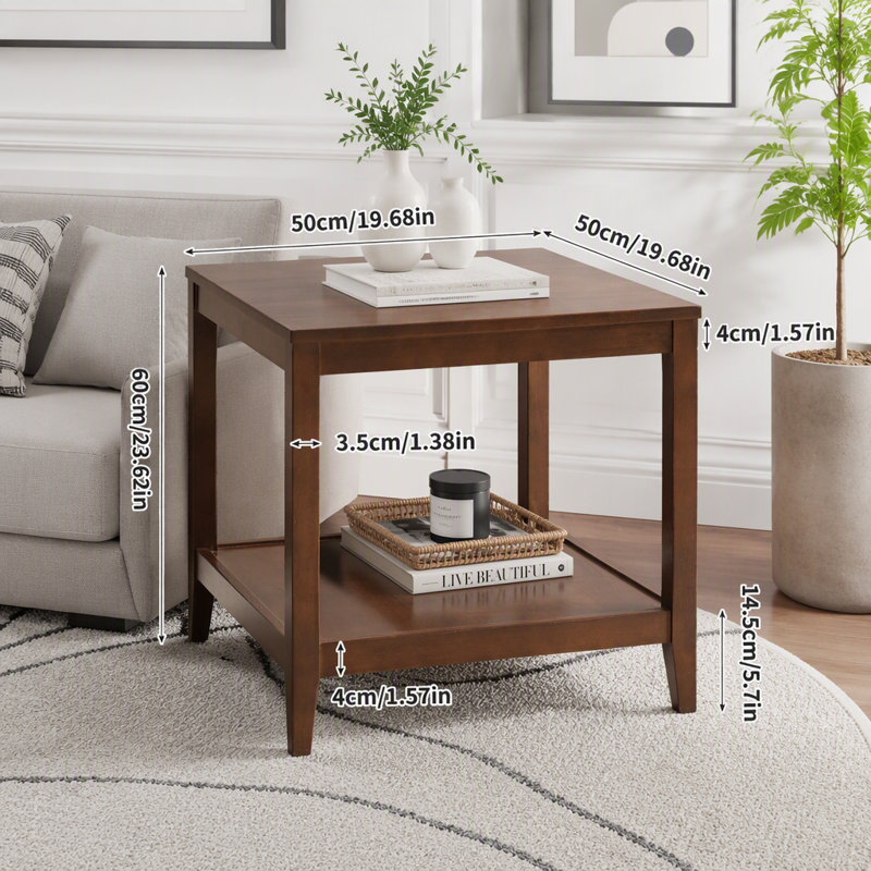 Table d'appoint en bois massif avec tablette de rangement carrée à 2 niveaux, L 19,68 po