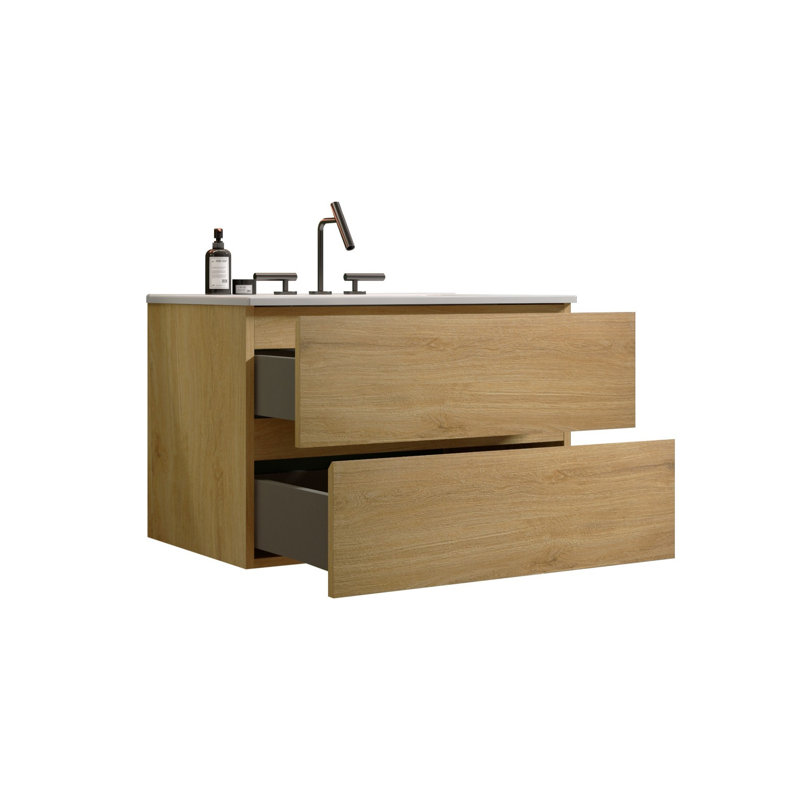 Meuble-lavabo mural 30 po avec lavabo en céramique, Chêne