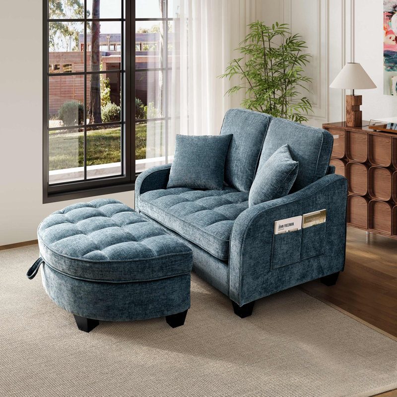 Modern Convertible  Sofa Bed With Storage Ottoman, Reclining Backrest, And Side Pocket Armrest, Blue